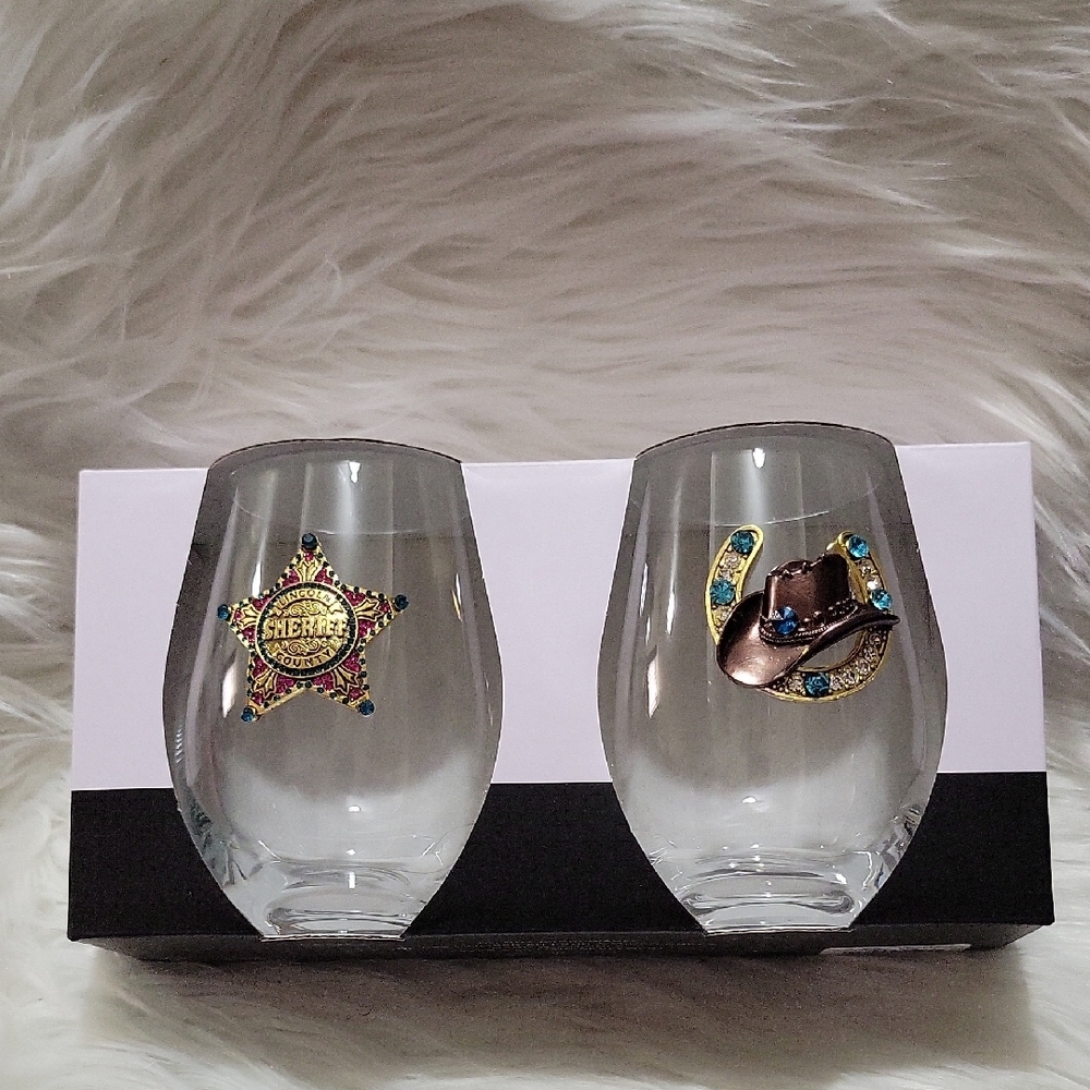 Set Of 2 Rachel Zoe Cowboy and Sheriff Themed Glass Set